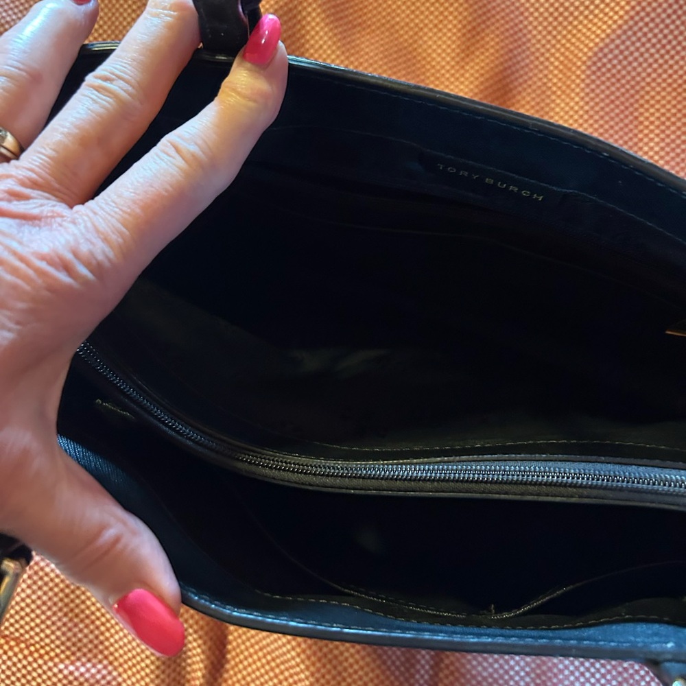 Tory Burch Black Leather Double-Handle Tote with Gold Logo - Picture 5 of 8